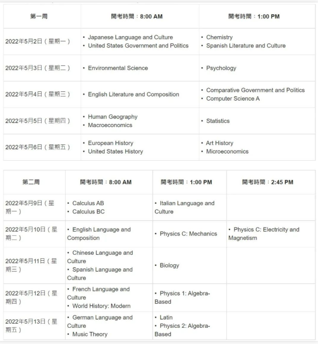 AP考试时间安排 AP考试时间安排